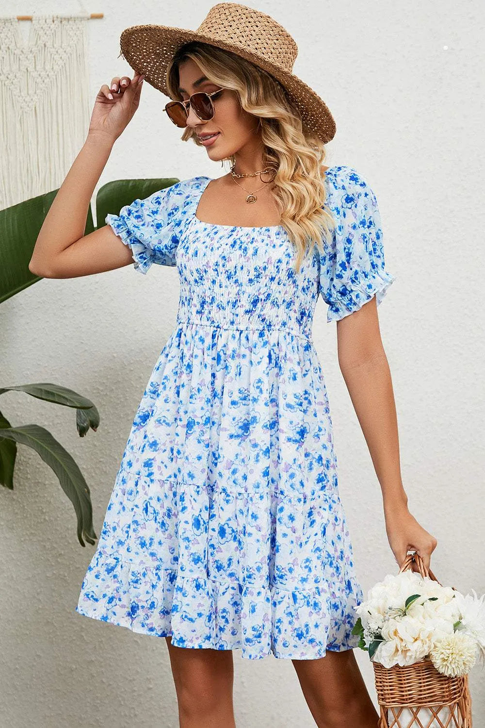 Smocked Printed Flounce Sleeve Mini Dress Pastel Blue Casual Dresses - Tophatter Daily Deals